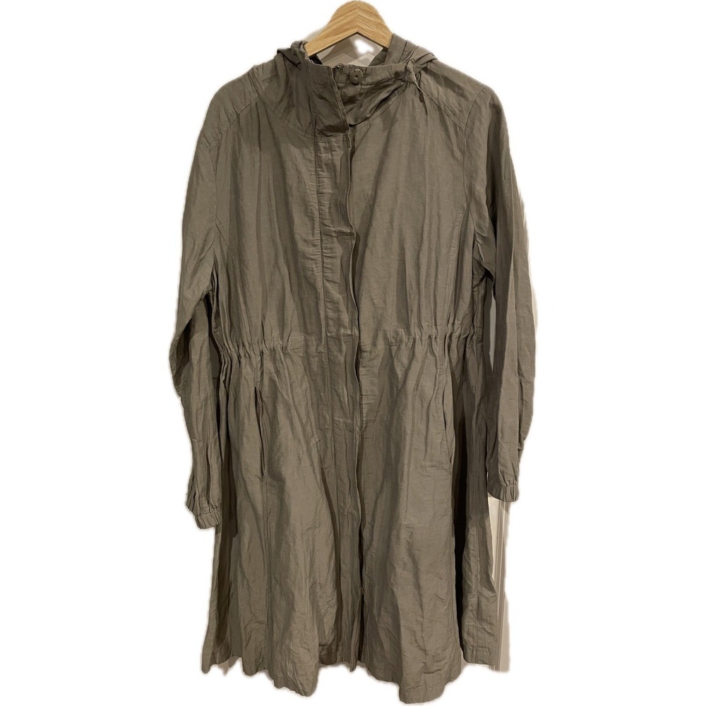 EILEEN FISHER Crinkle Anorak Jacket Gray Medium Snap‎ On Hood Cinched Waist